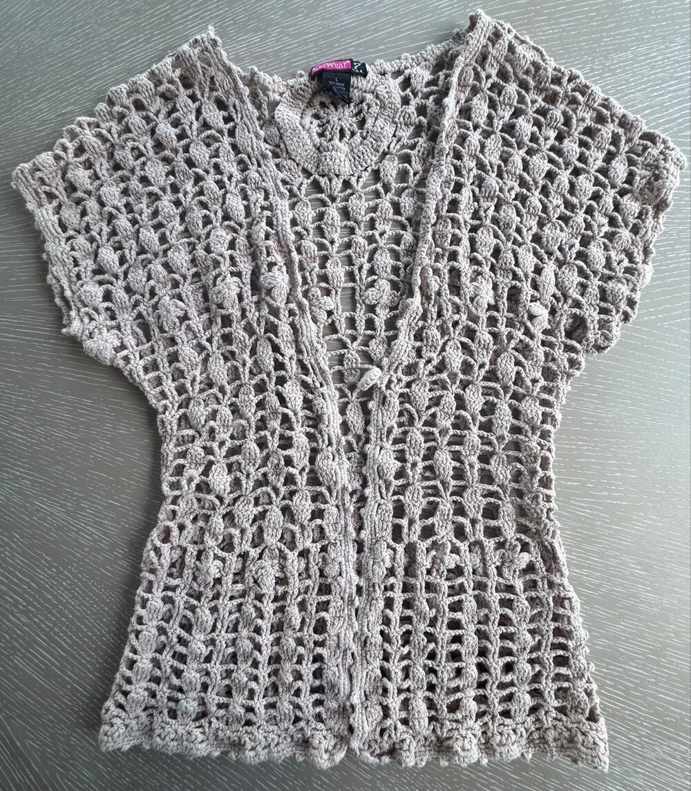 Say What? Taupe Single-Button Open Crochet Knit Cardigan Blouse